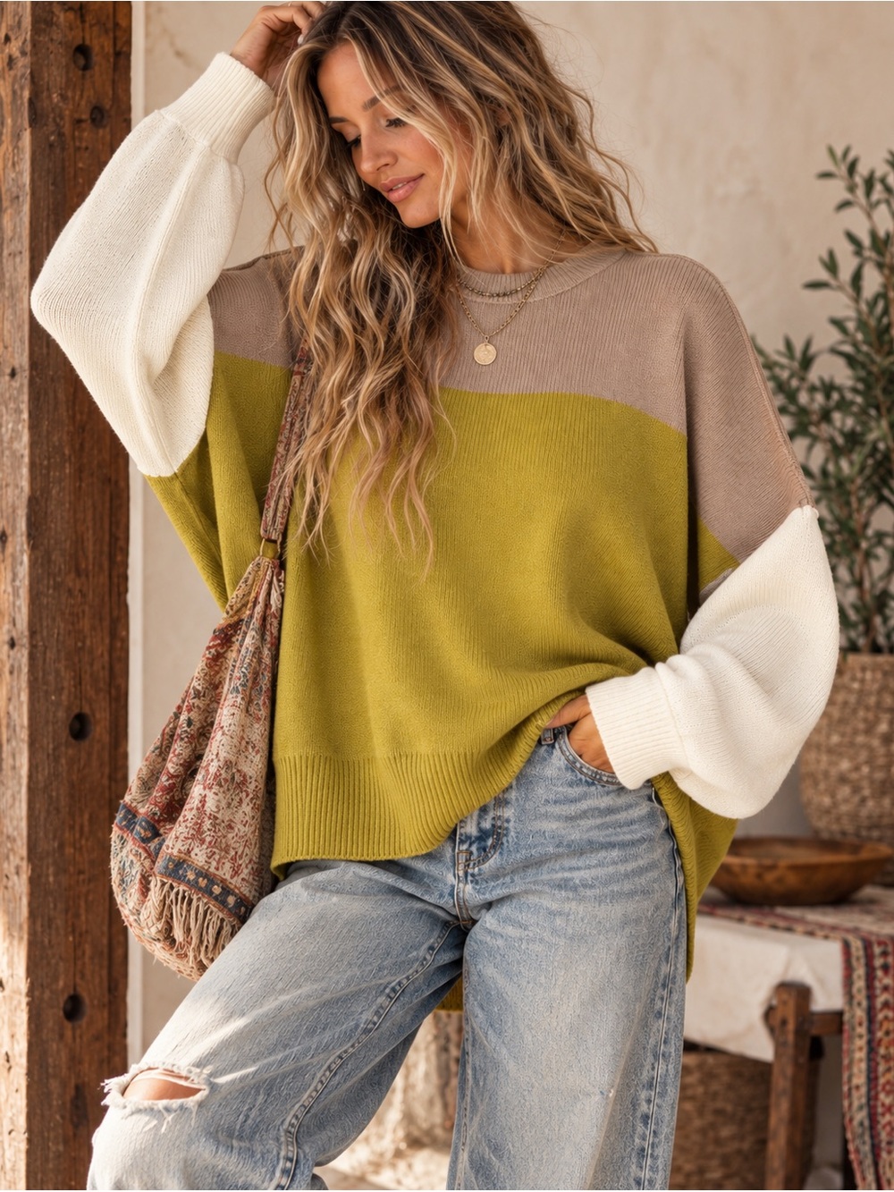 Free People Olive, Beige & White Colorblock Crew Sweater